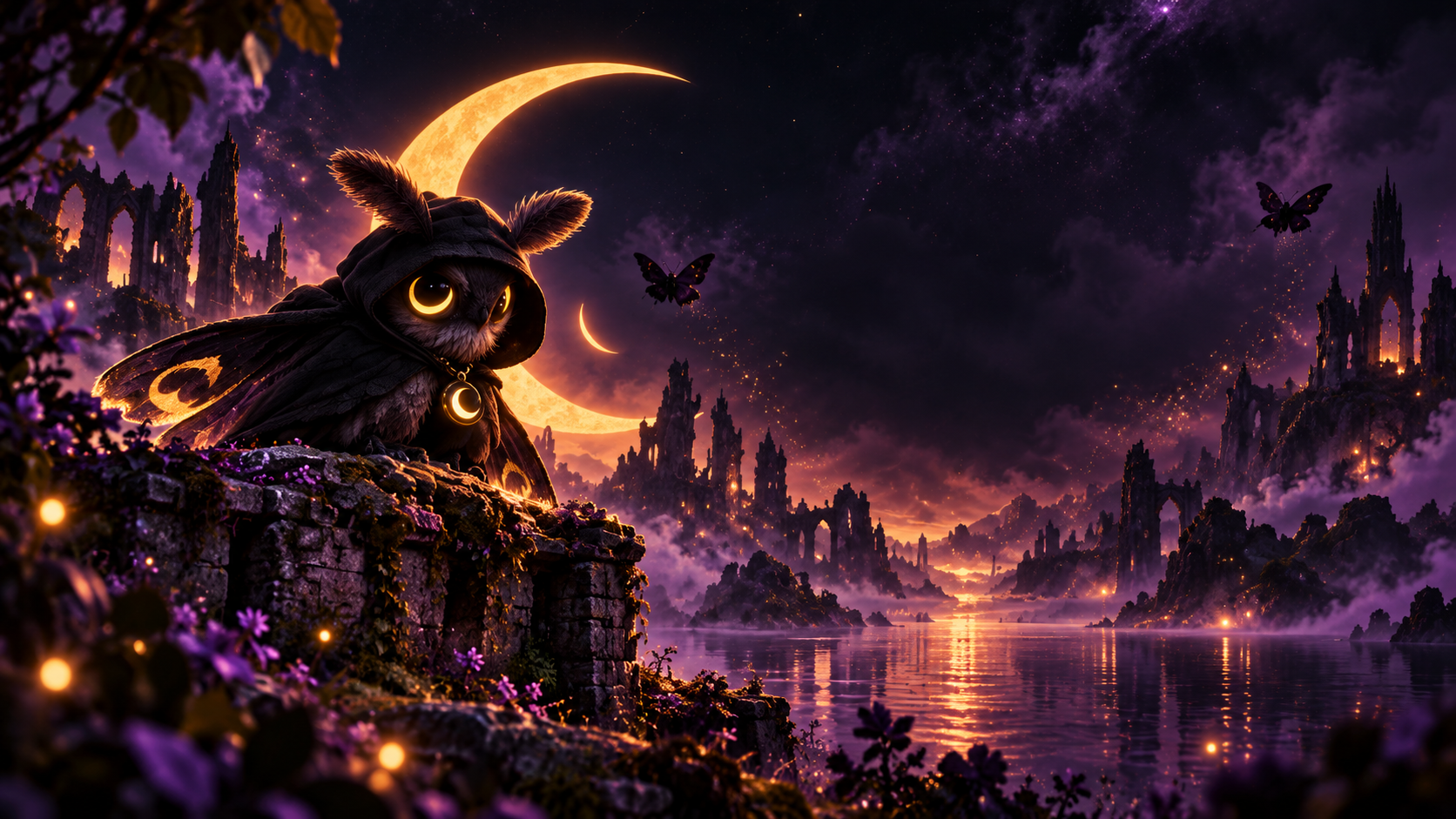 Caligo, a tiny hooded guardian with golden eyes, beneath a crescent moon in a violet landscape of ancient ruins.